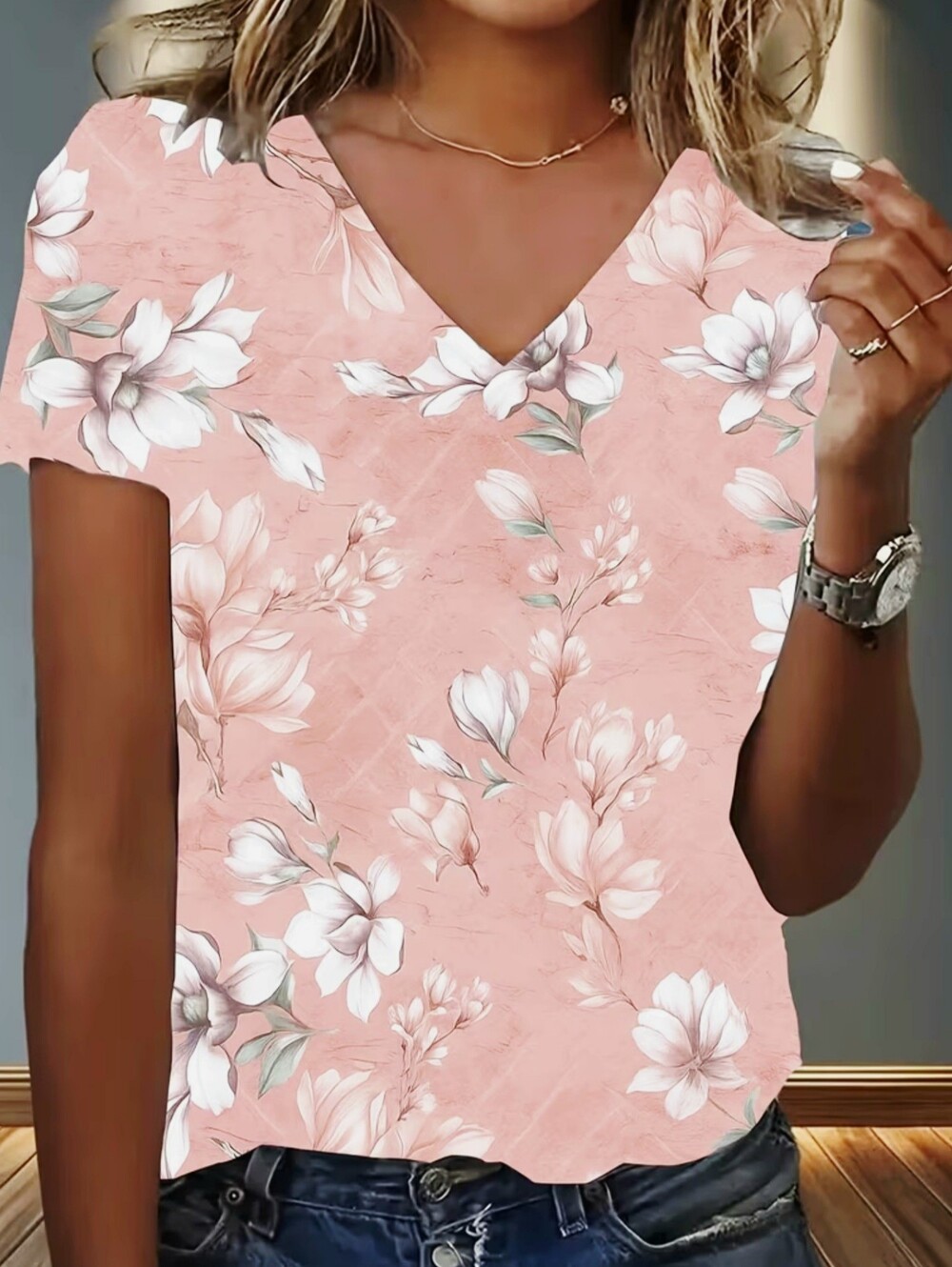 Womens Peach Floral V Neck Short Sleeve Flowy Top Size XL NWOT